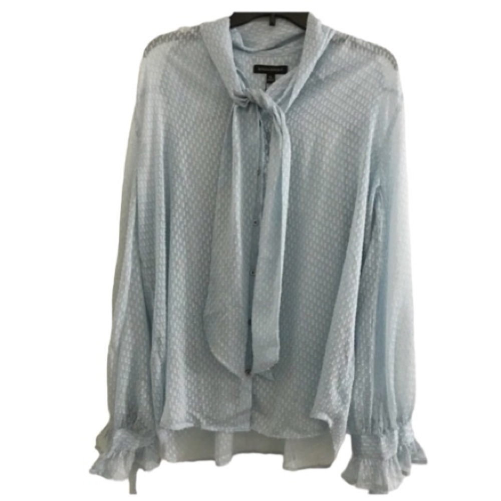 Banana Republic size XL blue sheer polka button down blouse with tie neck NWT